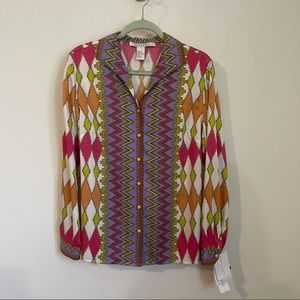 NWT Pell & Co. Silk Blend Multicolor Diamond Pattern Buttondown Blouse